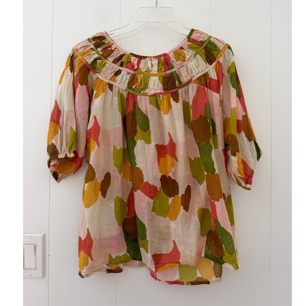 THML Anthropologie Krista Abstract Multi‑Color Short Sleeve Top Womens Sz M